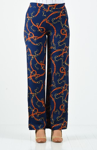 Patterned Viscose Trousers 1190-09 Navy Blue 1190-09