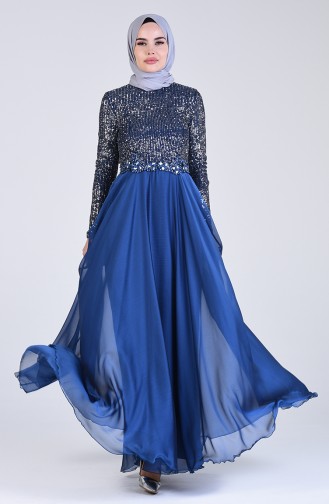 Sequin Detailed Evening Dress 52774-01 Indigo 52774-01