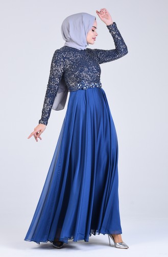 Sequin Detailed Evening Dress 52774-01 Indigo 52774-01