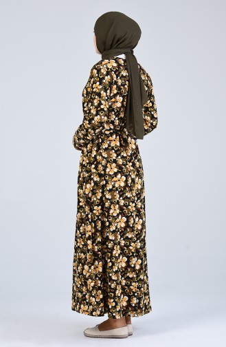 Büyük Beden Desenli Kuşaklı Elbise 4556F-03 Sarı