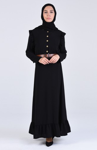Kemerli Fırfırlı Elbise 8019-04 Siyah