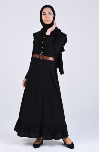 Kemerli Fırfırlı Elbise 8019-04 Siyah