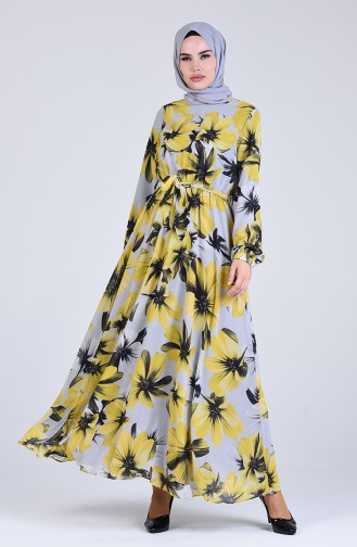 Patterned Chiffon Dress 3089-01 Yellow 3089-01