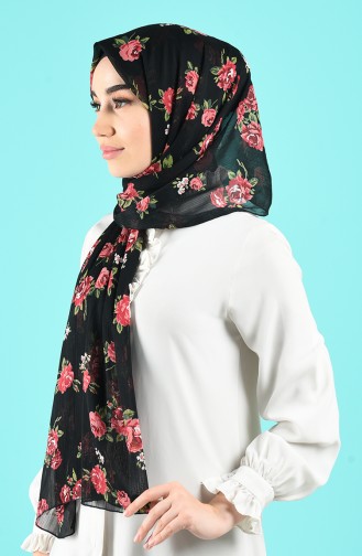 Çiçek Desenli Şifon Şal 26100-01 Siyah