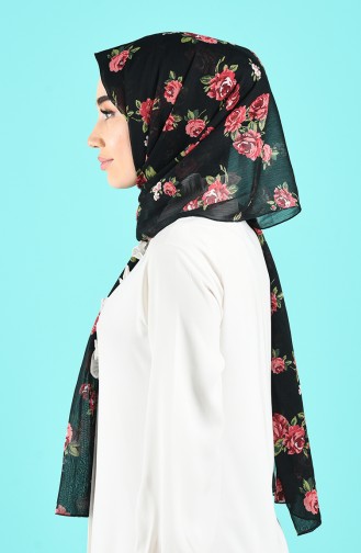 Çiçek Desenli Şifon Şal 26100-01 Siyah