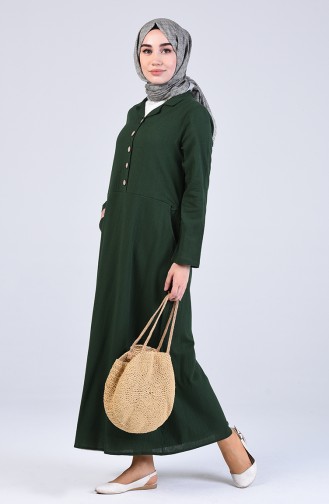 Şile Bezi Düğmeli Elbise 12205-05 Koyu Yeşil