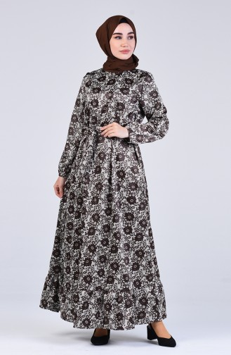 Çiçek Desenli Elbise 2159-02 Kahverengi