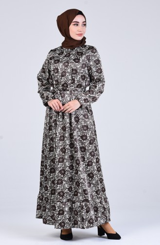 Çiçek Desenli Elbise 2159-02 Kahverengi