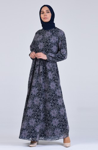 Patterned Chiffon Dress 3089a-01 Navy Blue 3089A-01