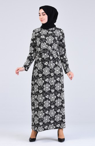 Desenli Kuşaklı Elbise 5708M-01 Siyah