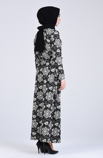 Desenli Kuşaklı Elbise 5708M-01 Siyah