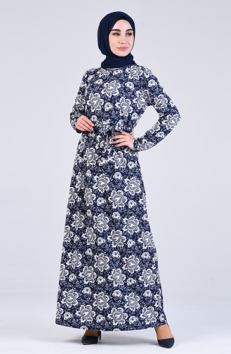 Patterned Belted Dress 5708m-02 Navy Blue 5708M-02