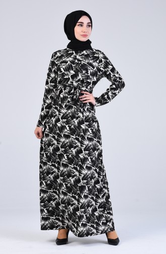 Desenli Kuşaklı Elbise 5708N-01 Siyah