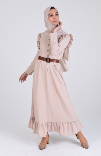 Belted Ruffled Dress 8019-06 Beige 8019-06