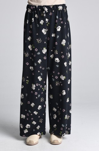 Floral Print Elastic Trousers 1296-01 Navy Blue 1296-01