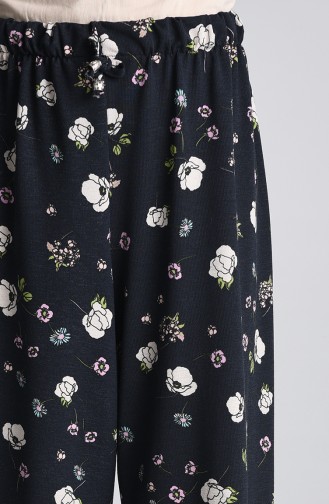 Floral Print Elastic Trousers 1296-01 Navy Blue 1296-01