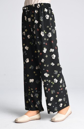 Floral Print Elastic Trousers 1296-03 Black 1296-03