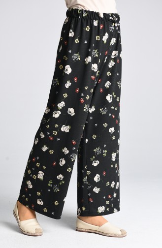 Floral Print Elastic Trousers 1296-03 Black 1296-03