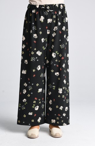 Floral Print Elastic Trousers 1296-03 Black 1296-03