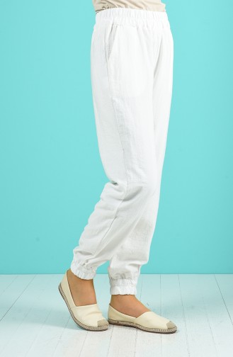 Beli Lastikli Cepli Pantolon 3189-10 Beyaz
