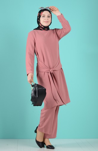 Plus Size Belted Tunic Trousers Double Suit 1505-01 Dried Rose 1505-01