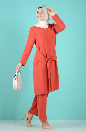 Plus Size Belted Tunic Trousers Double Suit 1505-04 Coral 1505-04
