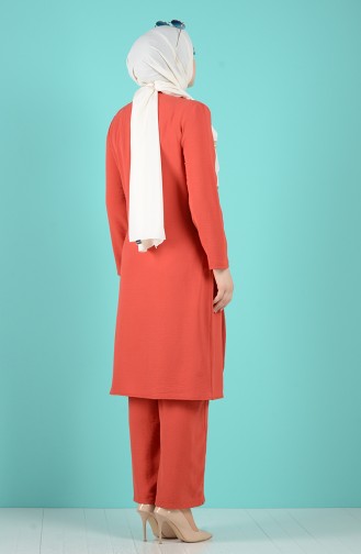 Plus Size Belted Tunic Trousers Double Suit 1505-04 Coral 1505-04