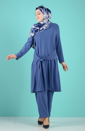 Plus Size Belted Tunic Trousers Double Suit 1505-06 Indigo 1505-06