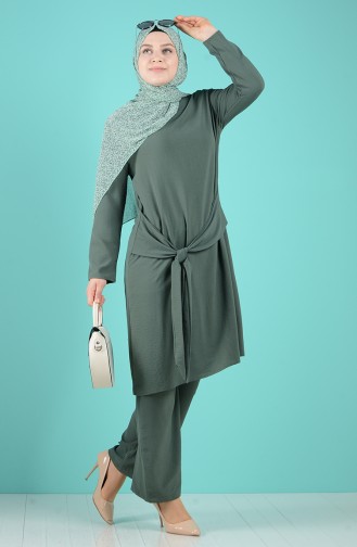 Büyük Beden Kuşaklı Tunik Pantolon İkili Takım 1505-08 Koyu Yeşil