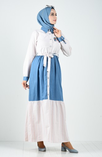 Kot Garnili Kuşaklı Elbise 8053-03 Somon Kot Mavi
