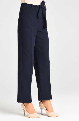 Belted Straight Leg Trousers 5010-04 Navy Blue 5010-04