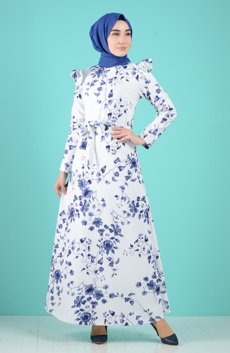 Desenli Kuşaklı Elbise 3004-01 Beyaz