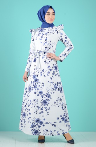 Patterned Belted Dress 3004-01 White 3004-01