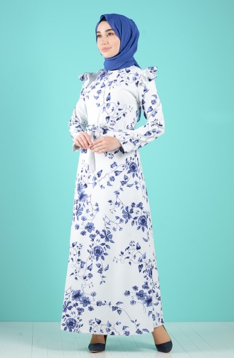 Patterned Belted Dress 3004-01 White 3004-01
