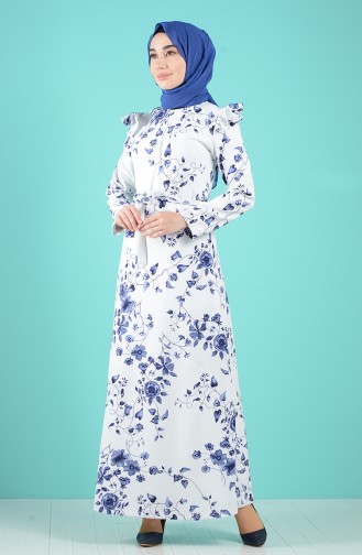 Desenli Kuşaklı Elbise 3004-01 Beyaz