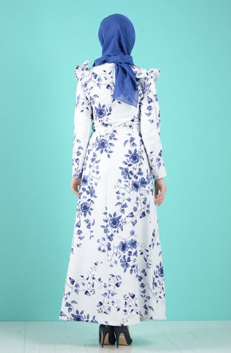 Patterned Belted Dress 3004-01 White 3004-01