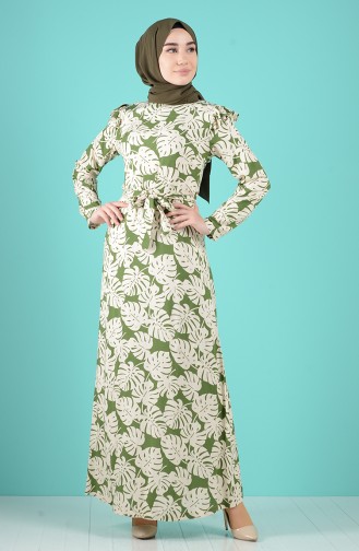 Pattern Belted Dress 3004a-01 Beige 3004A-01