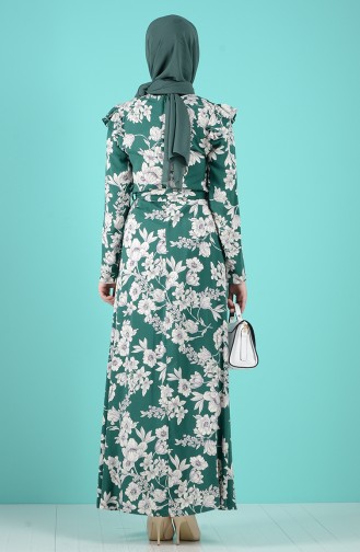 Desenli Kuşaklı Elbise 3004D-01 Zümrüt Yeşili