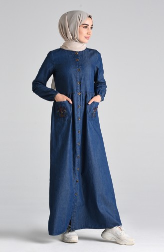 Embroidered Denim Dress 9286-01 Navy Blue 9286-01