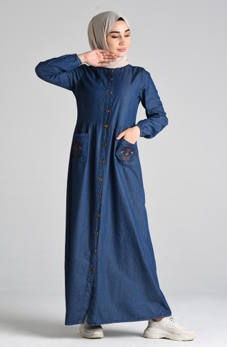 Embroidered Denim Dress 9286-01 Navy Blue 9286-01