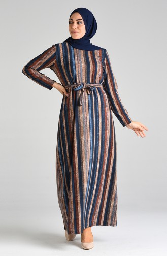 Patterned Belted Dress 5709c-01 Blue 5709C-01