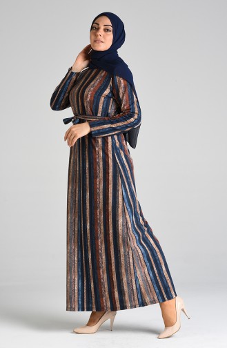 Patterned Belted Dress 5709c-01 Blue 5709C-01