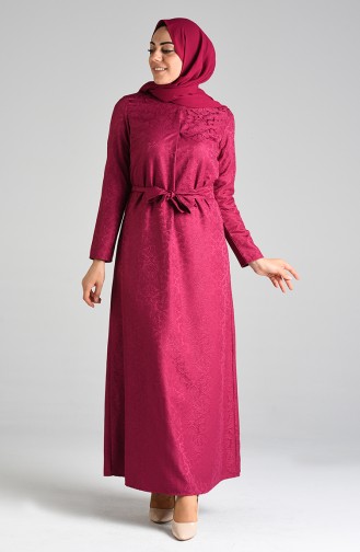 Jacquard Belted Dress 6473-02 Damson 6473-02