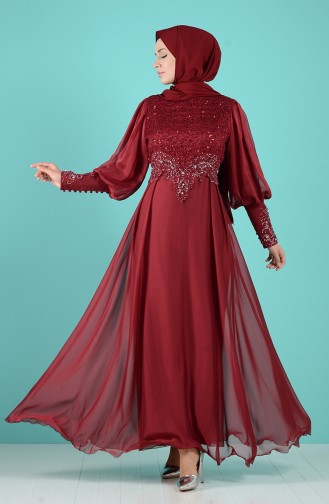 Sequin Detailed Evening Dress 52776-05 Burgundy 52776-05