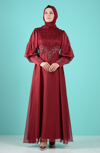 Sequin Detailed Evening Dress 52776-05 Burgundy 52776-05