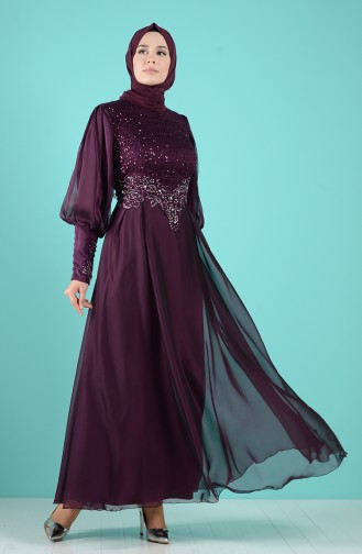 Sequin Detailed Evening Dress 52776-01 Damson 52776-01