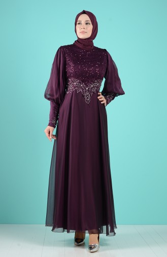 Sequin Detailed Evening Dress 52776-01 Damson 52776-01