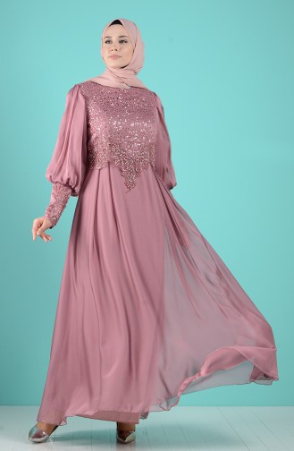 Sequin Detailed Evening Dress 52776-03 Dry Rose 52776-03