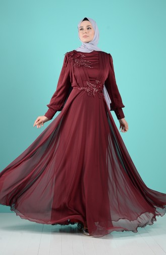 Guipure Detailed Evening Dress 52780-04 Burgundy 52780-04