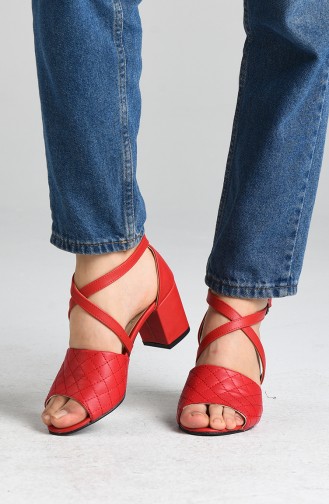 Bayan Çapraz Bant Topuklu Ayakkabı 9049-05 Kırmızı Cilt